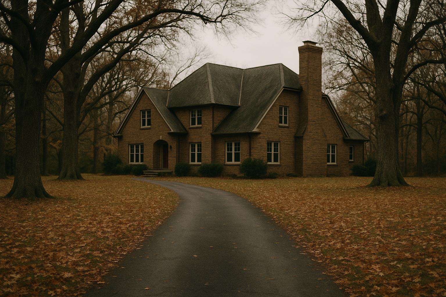 A large brick house seen from the end of a curving asphalt drive under bare oaks in late autumn, fallen leaves covering the lawn on both sides, the roof broken into several separate planes of dark weathered shingle that meet along hips and run out to two gabled projections at the front