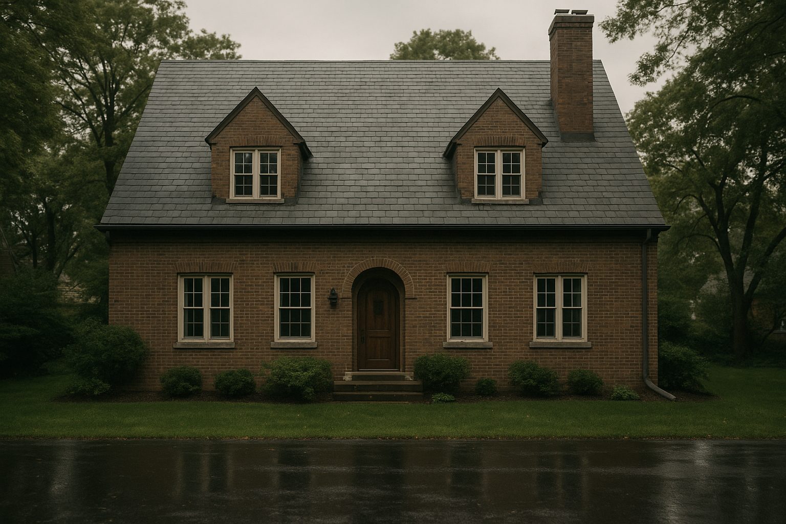 The front of a brick house under a wet overcast sky, a tall steep slate grey roof plane running down past two dormers to a single unbroken run of gutter along the eave, with one downspout turning down the right hand corner of the house to the ground, and a wet road across the foreground