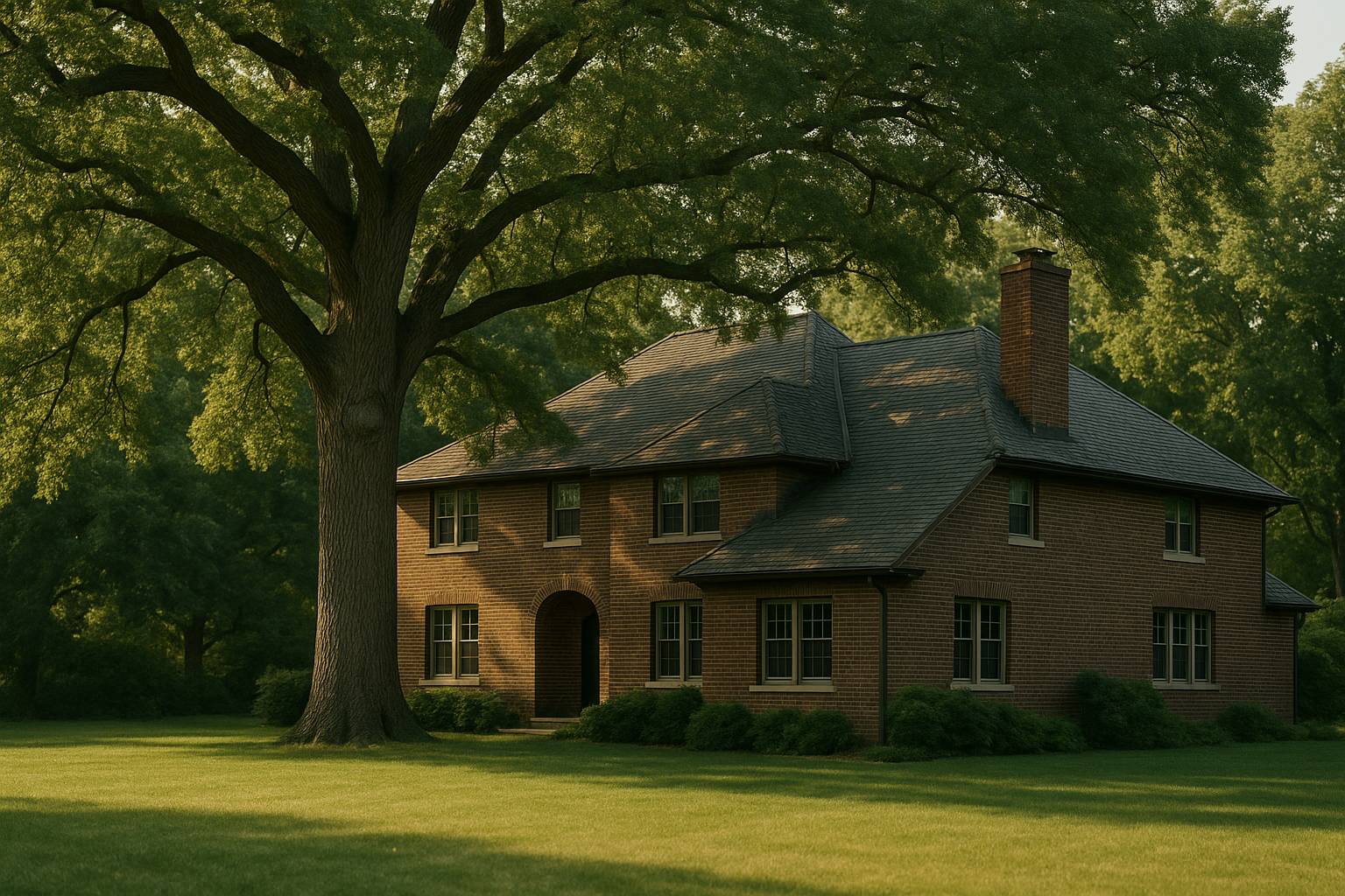 A very large mature oak standing a few feet from the corner of a two storey brick house, its lower limbs reaching out across the roof so that the crown sits directly above the grey shingle planes, deep shade under the tree and open sunlit lawn across the foreground