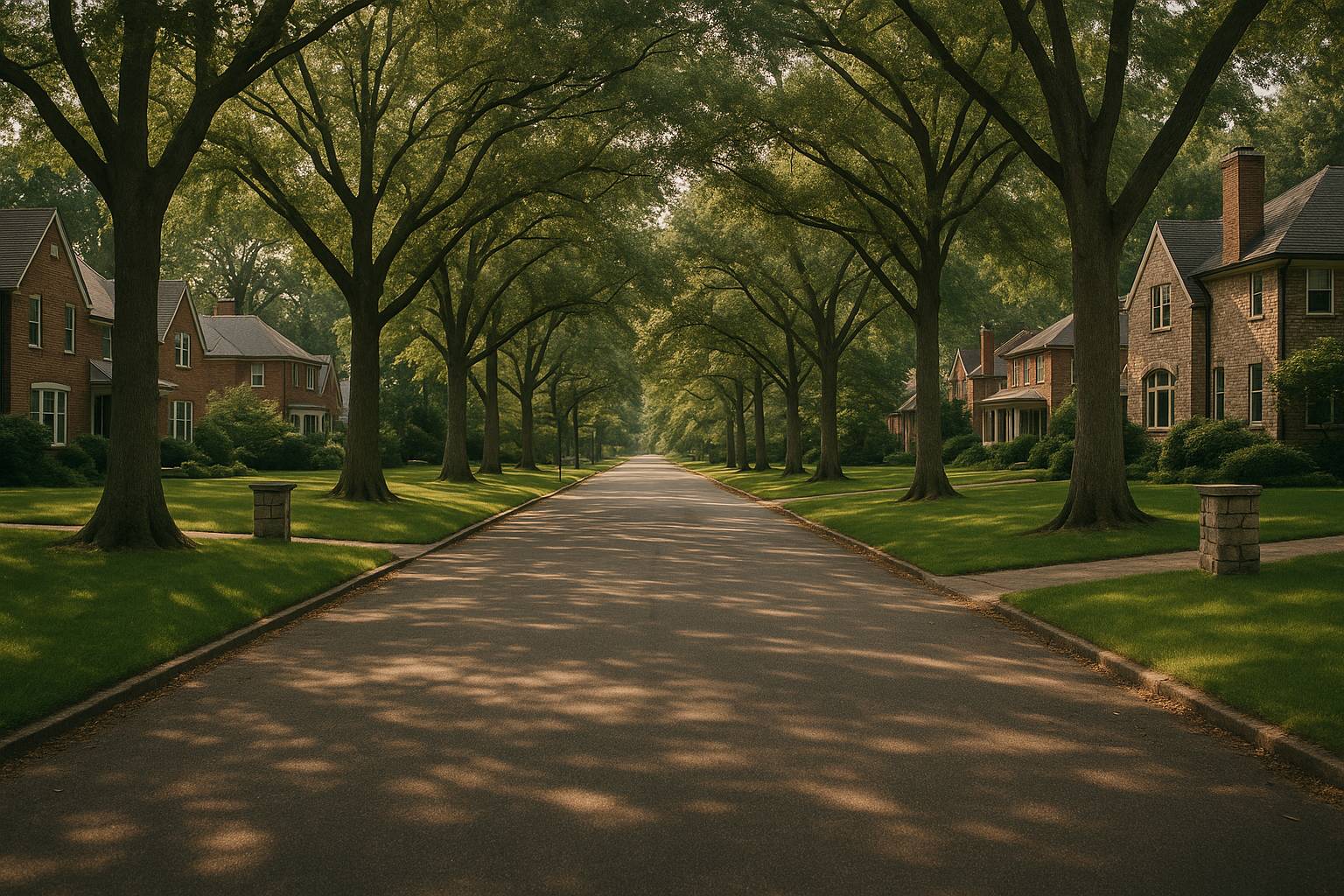 A quiet residential street under a continuous canopy of very large mature oaks, with deep mown lawns running back on both sides to big two storey brick and stone houses set well away from the road, a low stone gate pier at the end of a driveway on each side, a narrow footway on the right, and no shop, sign or commercial building anywhere in the frame